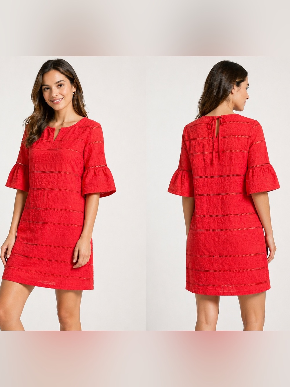 JCrew Red Eyelet Lace Shift Dress Size 8 Bell Sleeve Summer Wedding Vacation NWT